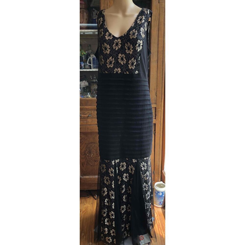 Candolite Black Gold Lace Overlay Maxi Evening Dress Trumpet Hem  Large - Picture 2 of 15